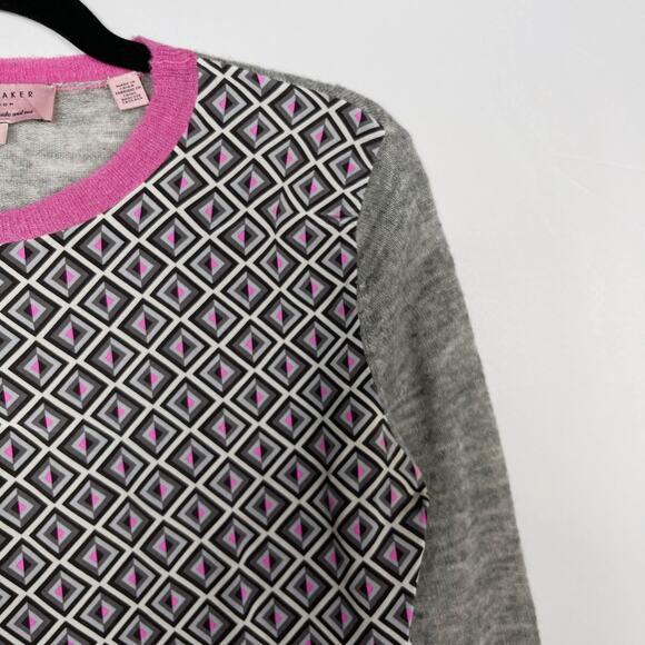 Ted Baker Womens 0 XXSmall Gray Amberly Geometric Printed Sweater Wool Silk Crew - Picture 3 of 8